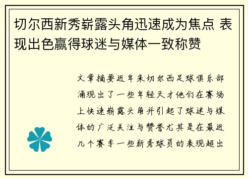 切尔西新秀崭露头角迅速成为焦点 表现出色赢得球迷与媒体一致称赞