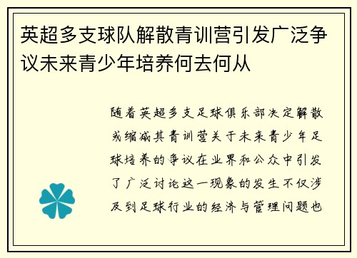 英超多支球队解散青训营引发广泛争议未来青少年培养何去何从