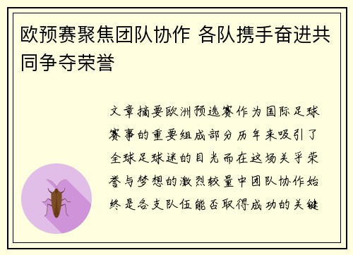 欧预赛聚焦团队协作 各队携手奋进共同争夺荣誉