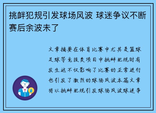 挑衅犯规引发球场风波 球迷争议不断赛后余波未了