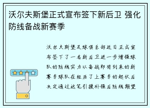 沃尔夫斯堡正式宣布签下新后卫 强化防线备战新赛季