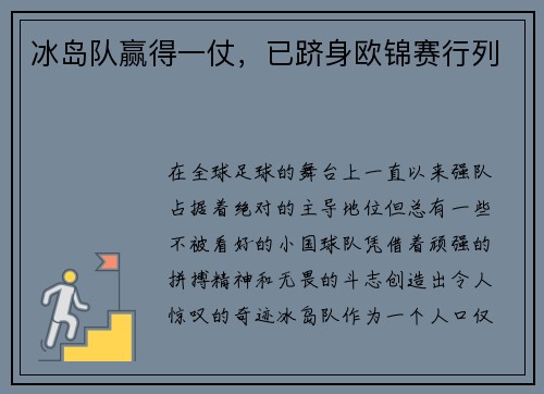 冰岛队赢得一仗，已跻身欧锦赛行列