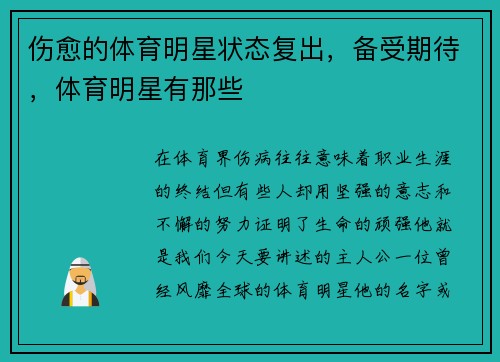 伤愈的体育明星状态复出，备受期待，体育明星有那些