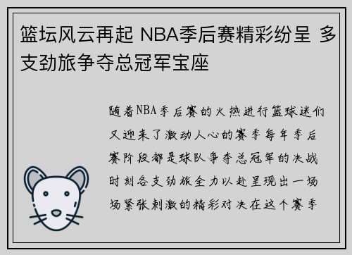 篮坛风云再起 NBA季后赛精彩纷呈 多支劲旅争夺总冠军宝座