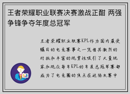 王者荣耀职业联赛决赛激战正酣 两强争锋争夺年度总冠军