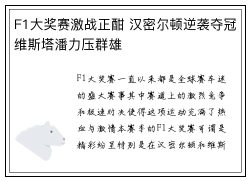 F1大奖赛激战正酣 汉密尔顿逆袭夺冠维斯塔潘力压群雄