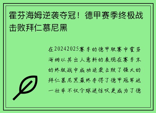 霍芬海姆逆袭夺冠！德甲赛季终极战击败拜仁慕尼黑